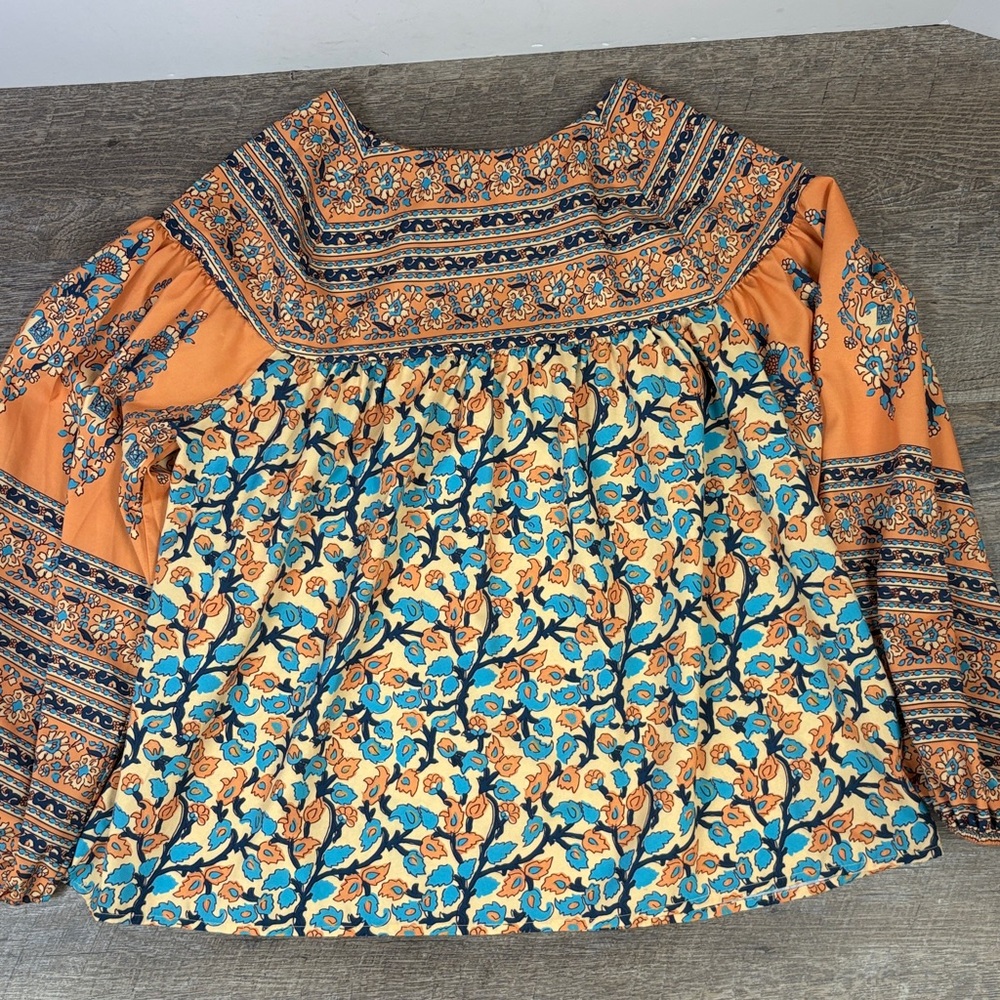 🌿 MISSLOOK Boho Floral Peasant Blouse – Size S – Peach & Turquoise - Picture 2 of 7
